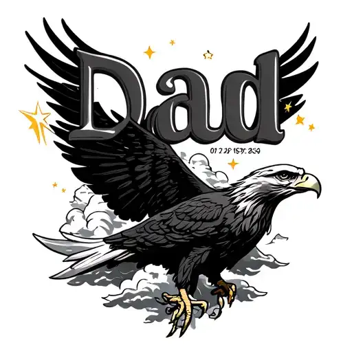 "Dad 01/02/1958-18/09/2024" eagle stars shining clouds tattoo design idea
