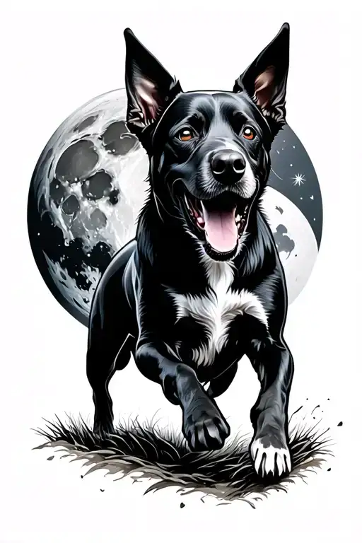 Black lab and blue heeler running and howling at a full moon whimsical tattoo design idea