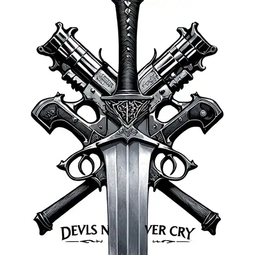devil may cry sword Rebellion with two pistols crossing each and the text devils never cry tattoo design idea
