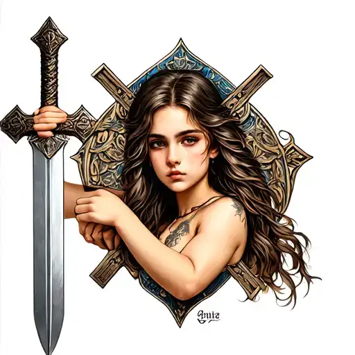 nude girl holding sword and shield cross tattoo tattoo design idea