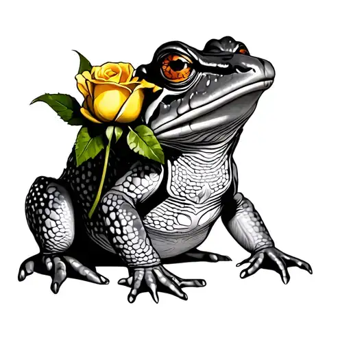 Horned toad holding a yellow rose in its mouth with a texas symbol on its back tattoo design idea