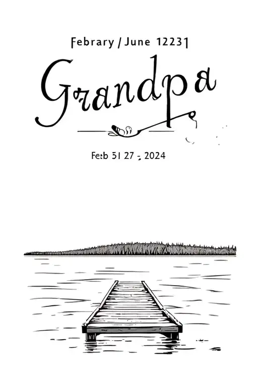 Grandpa memorial tattoo. Feb 5 1931-June 27, 2024. Outdoors, hunting, fishing, camping, lake, wooden pier over the lake, tattoo design idea