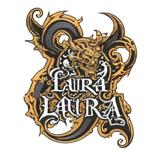 Generate a flat, 2D tattoo-style logo for the name 'LAURA' in the style of a heavy metal band logo, inspired by the shar tattoo design idea