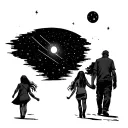 dad and one daughter holding hands, walking down a street with orion's belt in the sky tattoo design idea