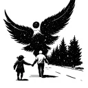 dad and one daughter holding hands, walking down a street with orion's belt in the sky tattoo design idea