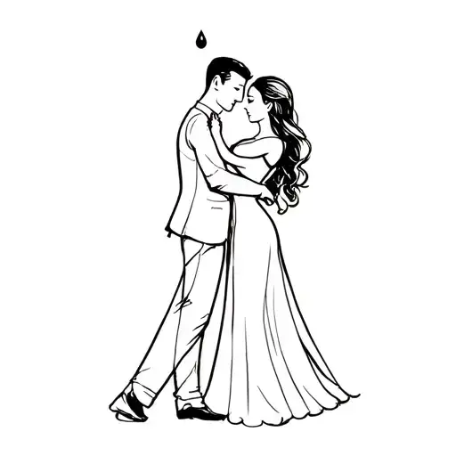 A silhouette of a couple dancing, very minimal, with a tiny teardrop as a subtle emotional accent tattoo design idea