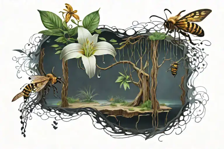 life tree, 3 shallows, lilium flower, bee, hive   tattoo design idea