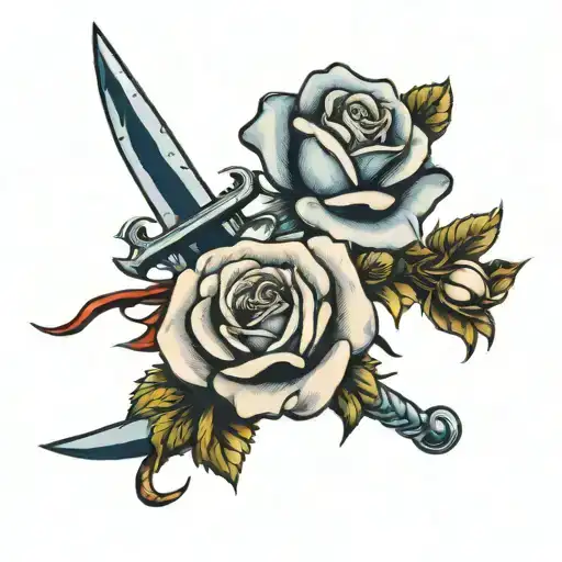 Blue rose and crossing swords going down tattoo design idea