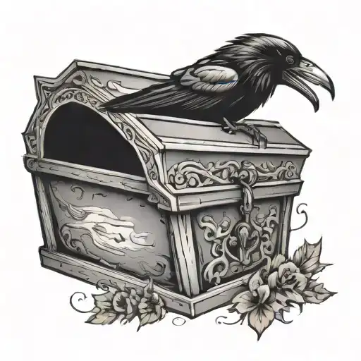 coffin with a crow flying tattoo design idea