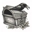 coffin with a crow flying tattoo design idea