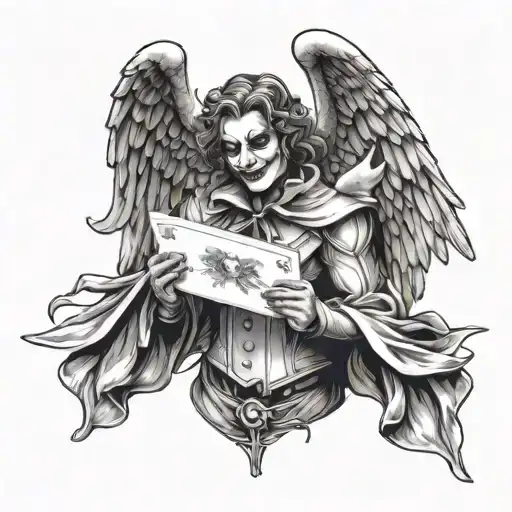 Angel holding a card joker tattoo design idea