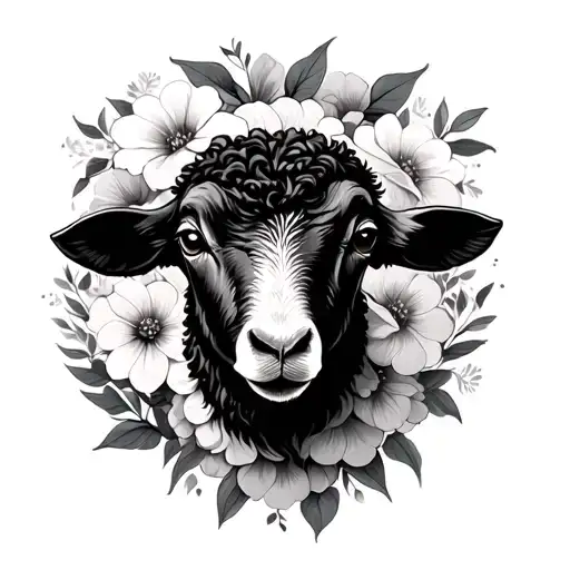 black sheep head surrounded by flowers tattoo design idea