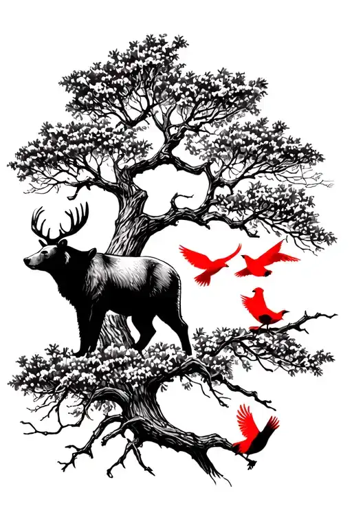 texas murelle tree buck bear 3 red birds in tree branch. 2 red birds flying to sky cloudy background with sun shining  tattoo design idea