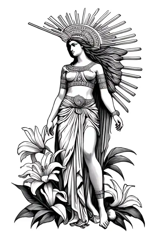 Greek god Helios, Egyptian goddess Isis, lily flower tattoo design idea