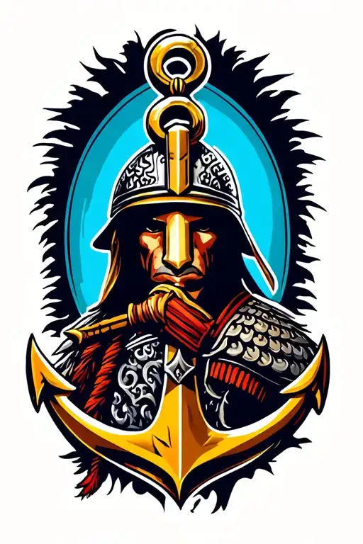 warrior tattoo with anchor , samurai and helmet of spartan forearm sleeve on the back tattoo design idea