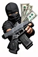 risk taker gang balaclava holding glock 21 credit cards and money in the backround tattoo design idea