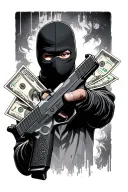 risk taker gang balaclava holding glock 21 credit cards and money in the backround tattoo design idea