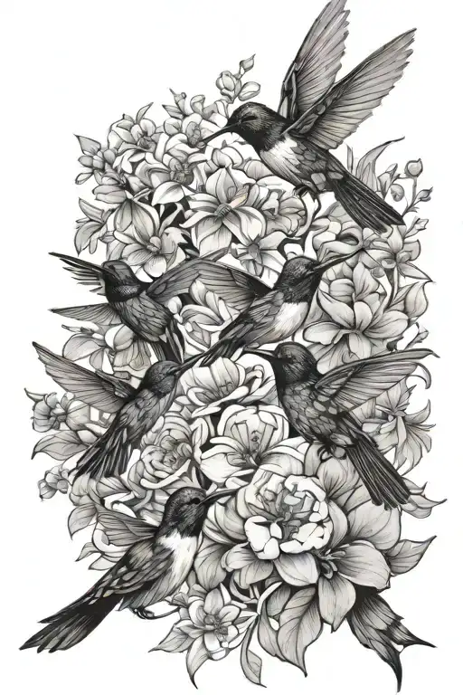 humming birds, bumble bees, crows, wildflowers intertwined tattoo design idea