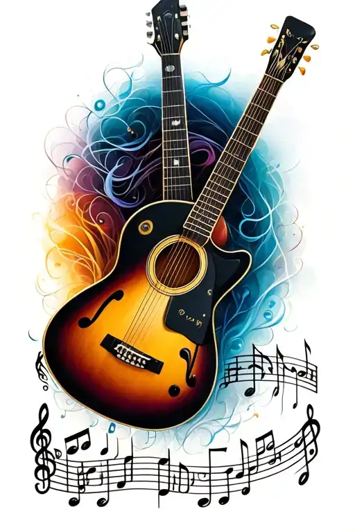 music notes and guitar surrounded tattoo design idea