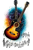 music notes and guitar surrounded tattoo design idea