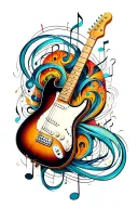 music notes and guitar surrounded tattoo design idea