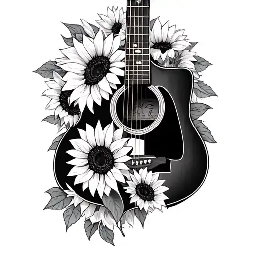 acoustic guitar with sunflowers and memorial ribbon tattoo design idea