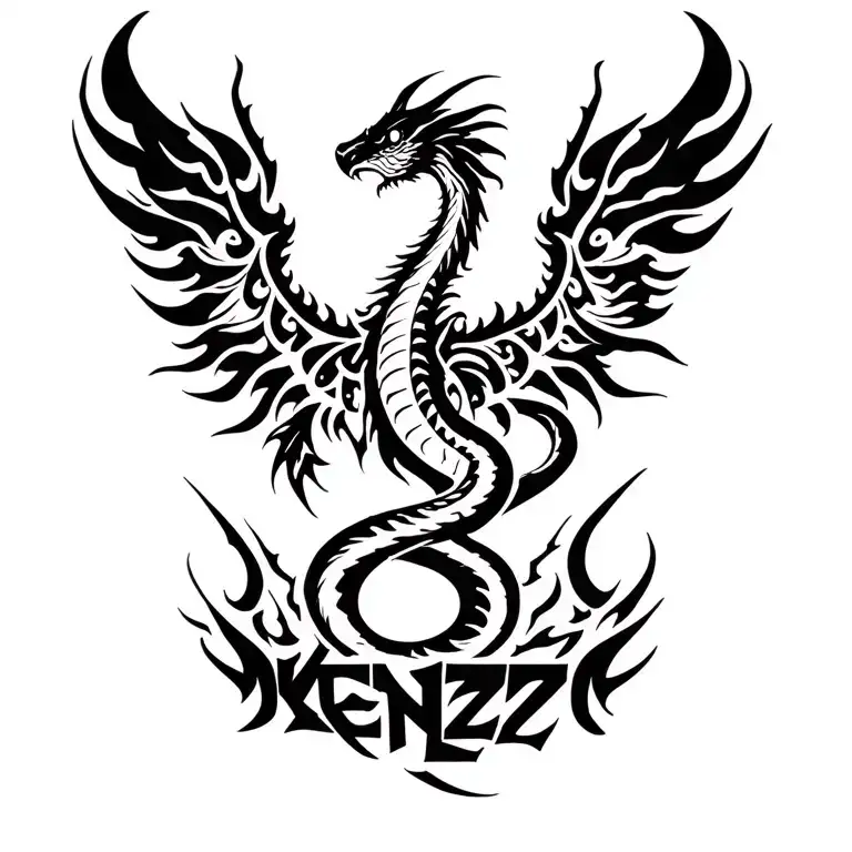 cobra phoenix rising from the ashes with the name Kenzo below tattoo design idea
