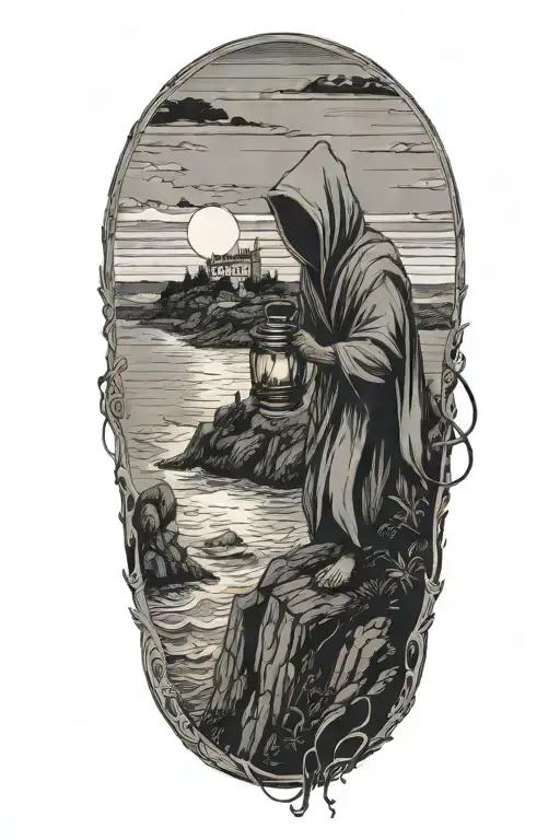 A hooded cultist walking along a cliff holding a lantern, with ocean in background, isolated island with a monastery tattoo design idea