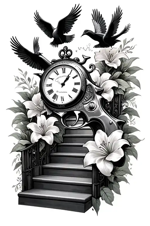stairs leading to broken clock  38 special hand gun with flying dove and Lilly flowers intertwined tattoo design idea