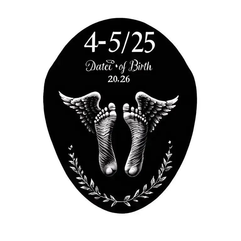 angel wings around date of birth 4/5/25 and baby footprints tattoo design idea