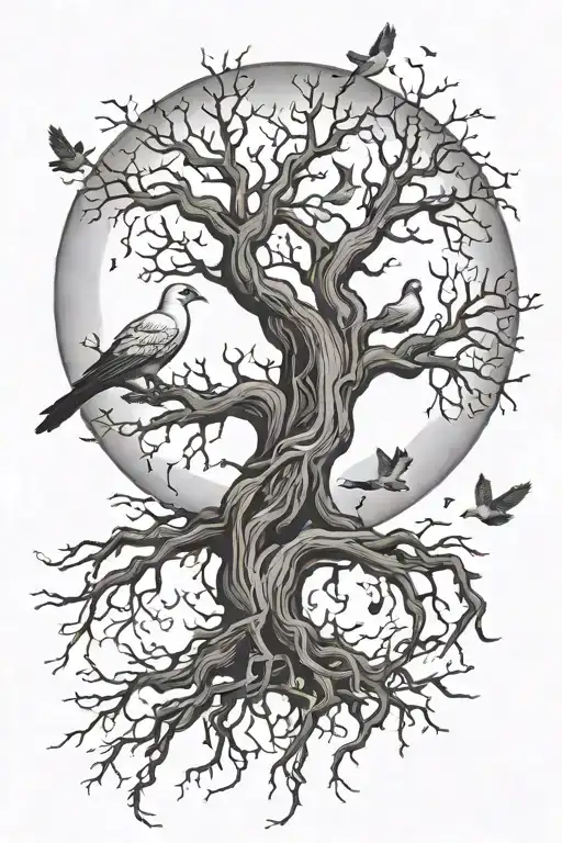 poison tree with no leaves deep roots with doves flying away and a moon in the backround tattoo design idea