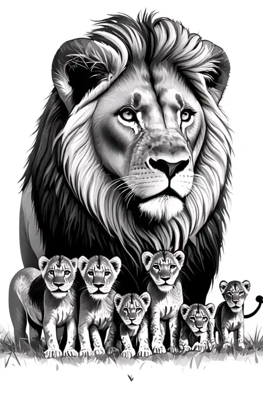 lion and lioness with 6 cubs. lioness protecting the pride. safari type background.  tattoo design idea