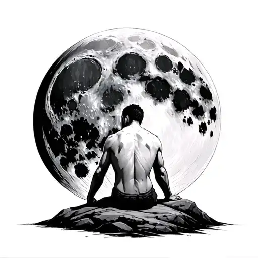 sad man sitting on a rock in front of a huge detailed realistic moon dark evil mysterious moon man exposing his back  tattoo design idea