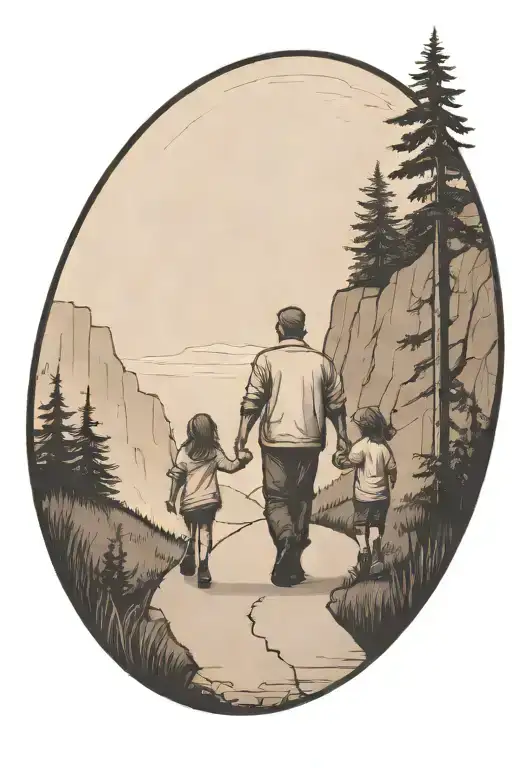 father in the middle holding hands with two small girls walking down the road with forest and cliffs in background tattoo design idea
