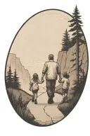 father in the middle holding hands with two small girls walking down the road with forest and cliffs in background tattoo design idea
