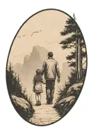 father in the middle holding hands with two small girls walking down the road with forest and cliffs in background tattoo design idea