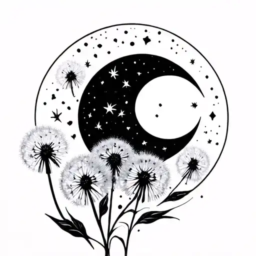 crescent moon and dandelion flower blooming tattoo design idea