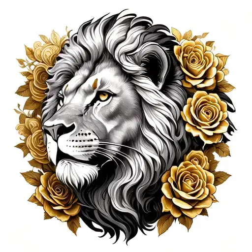 A majestic lion surrounded by intricate gold roses tattoo design idea