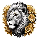 A majestic lion surrounded by intricate gold roses tattoo design idea