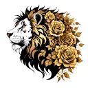 A majestic lion surrounded by intricate gold roses tattoo design idea