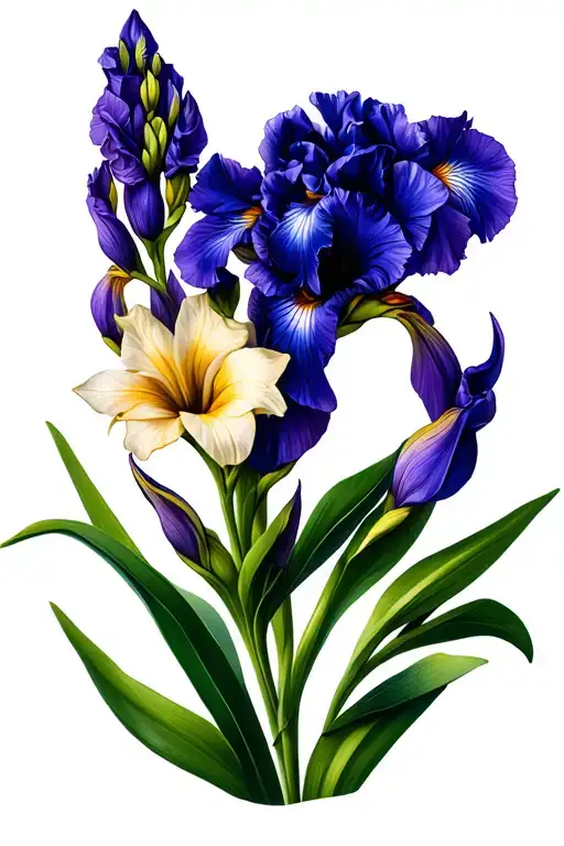 iris flower and gladioli flower intertwined tattoo design idea