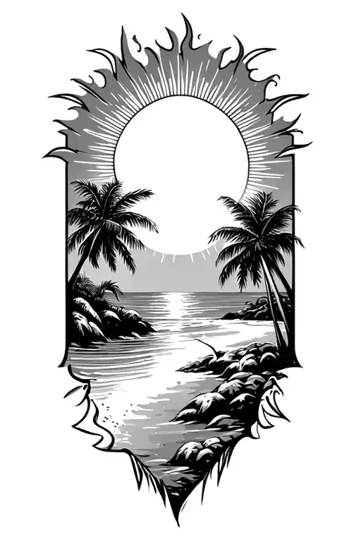 Beach scene with palm trees using the godsmack sun, the godsmack sun should be at the top of the sleeve tattoo design idea