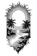 Beach scene with palm trees using the godsmack sun, the godsmack sun should be at the top of the sleeve tattoo design idea