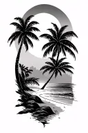 Beach scene with palm trees using the godsmack sun, the godsmack sun should be at the top of the sleeve tattoo design idea