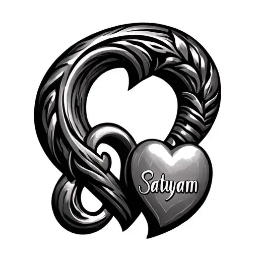 Satyam name in shaped lock intertwined with a heart tattoo design idea