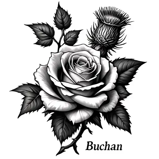 Rose with Scottish thistle and the surname Buchan tattoo design idea
