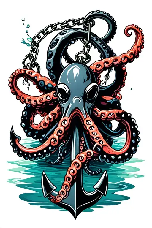 black octopus wrapped around anchor in water with broken chain tattoo design idea