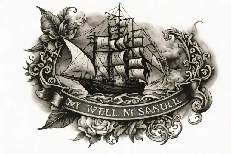 Write "it is well with my soul" in front of a sailing ship  tattoo design idea