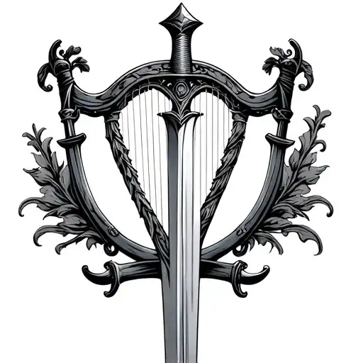 irish harp with roman gladius sword tattoo design idea