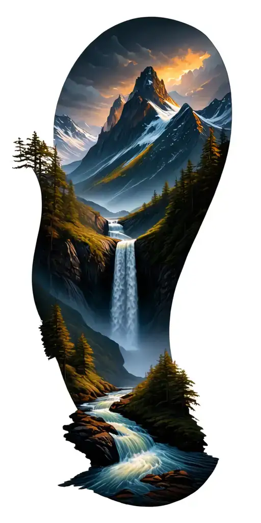 MOUNTAIN with river flowing and waterfall at the bottom  tattoo design idea